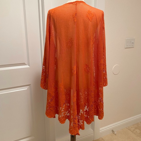 Paper + Tee Sheer Mesh Kimono Open Front Scalloped Embroidered Lace Orange 1X - Picture 5 of 12